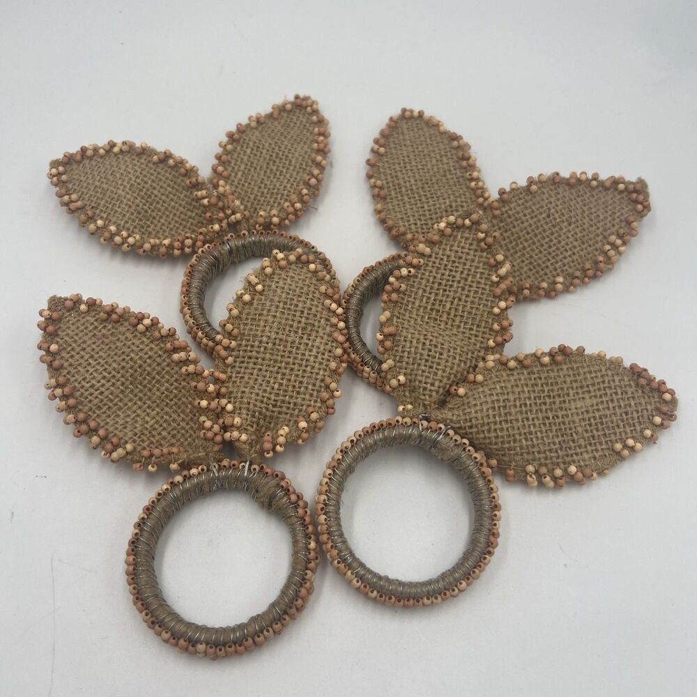 4 Nicole Miller Napkin Ring Easter Bunny Ears Beaded Burlap Tan Set Shabby Chic - Picture 2 of 9